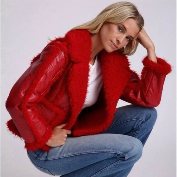7 For All Mankind Red Faux Leather Bomber Jacket. EUC. Size M - Picture 1 of 8